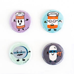 Set of four button magnets or pins featuring cute, colorful, dental tooth characters. Rx set of pins and magnets by Lilac Paper.